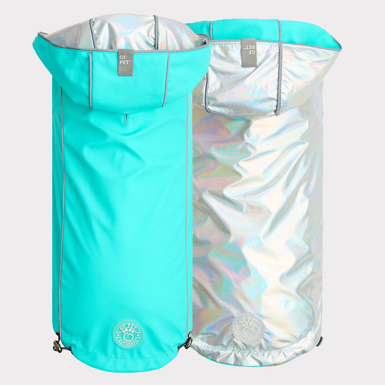GF Pet Elasto-FIT Reversible Neon Aqua and Iridescent Raincoat