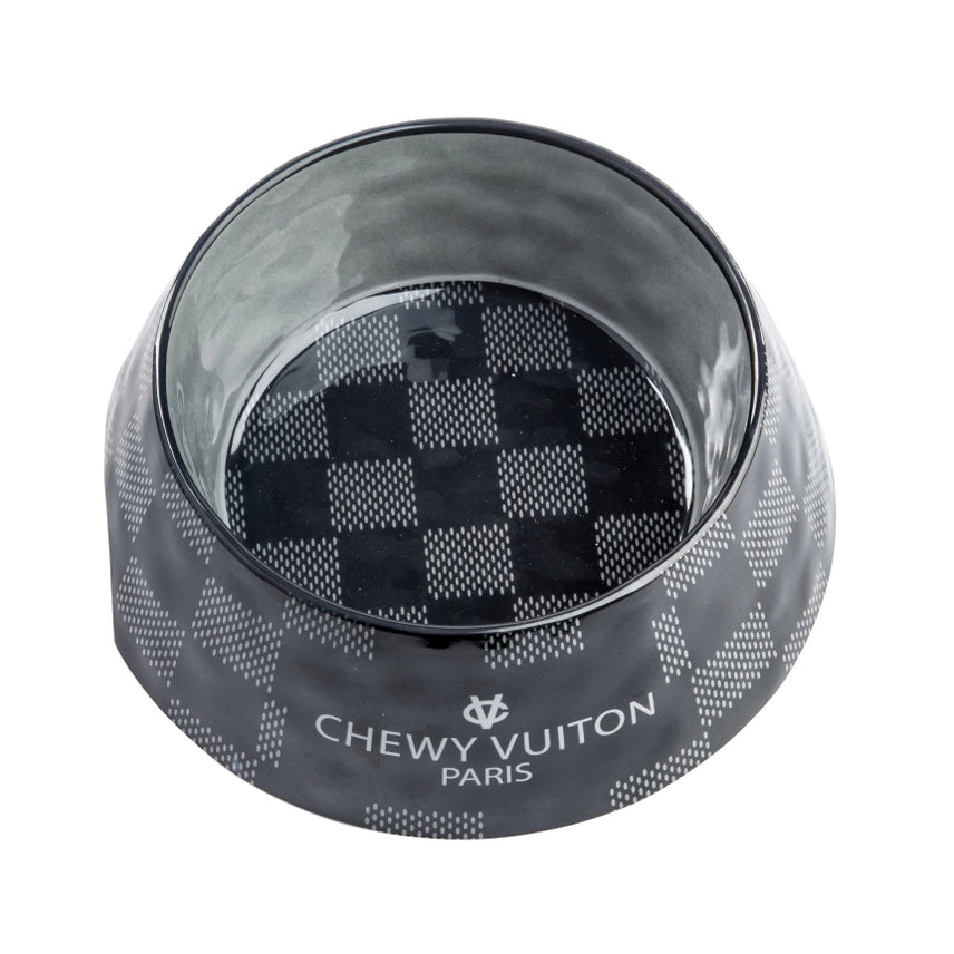 Black Checker Chewy Vuiton Dog Bowl